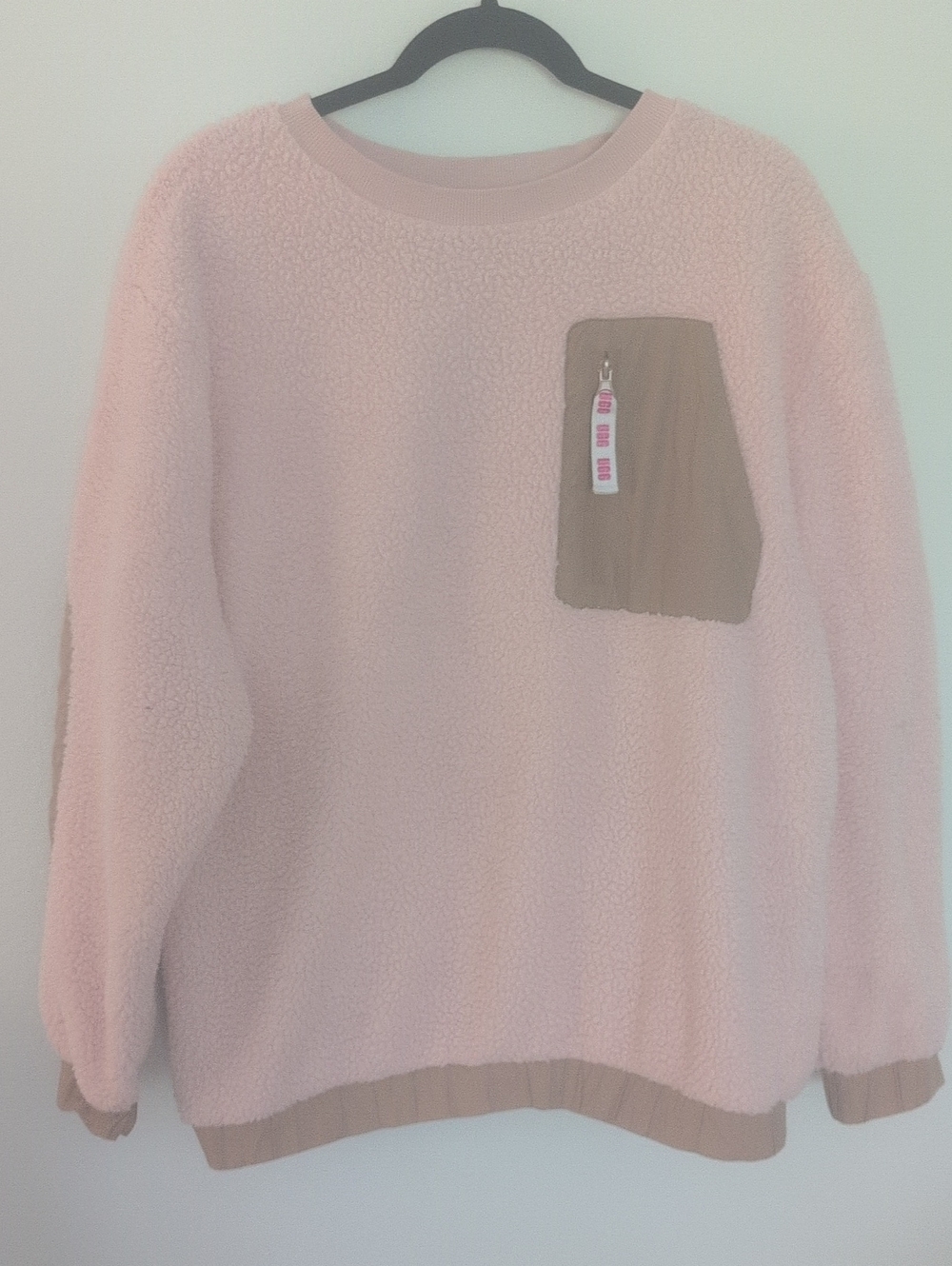 UGG Women's Light Pink Sherpa Pullover with Tan Chest Pocket